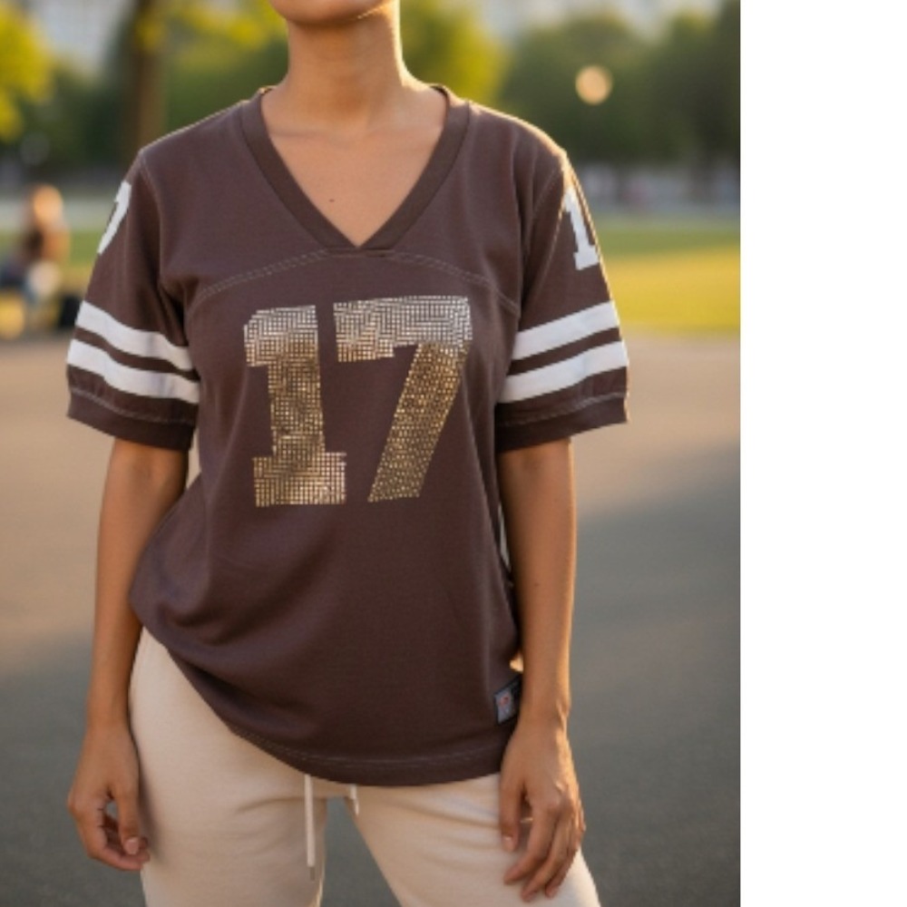 Cotton Brown Football Jersey Style Shirt Rhinestone 17 Graphic Stripes